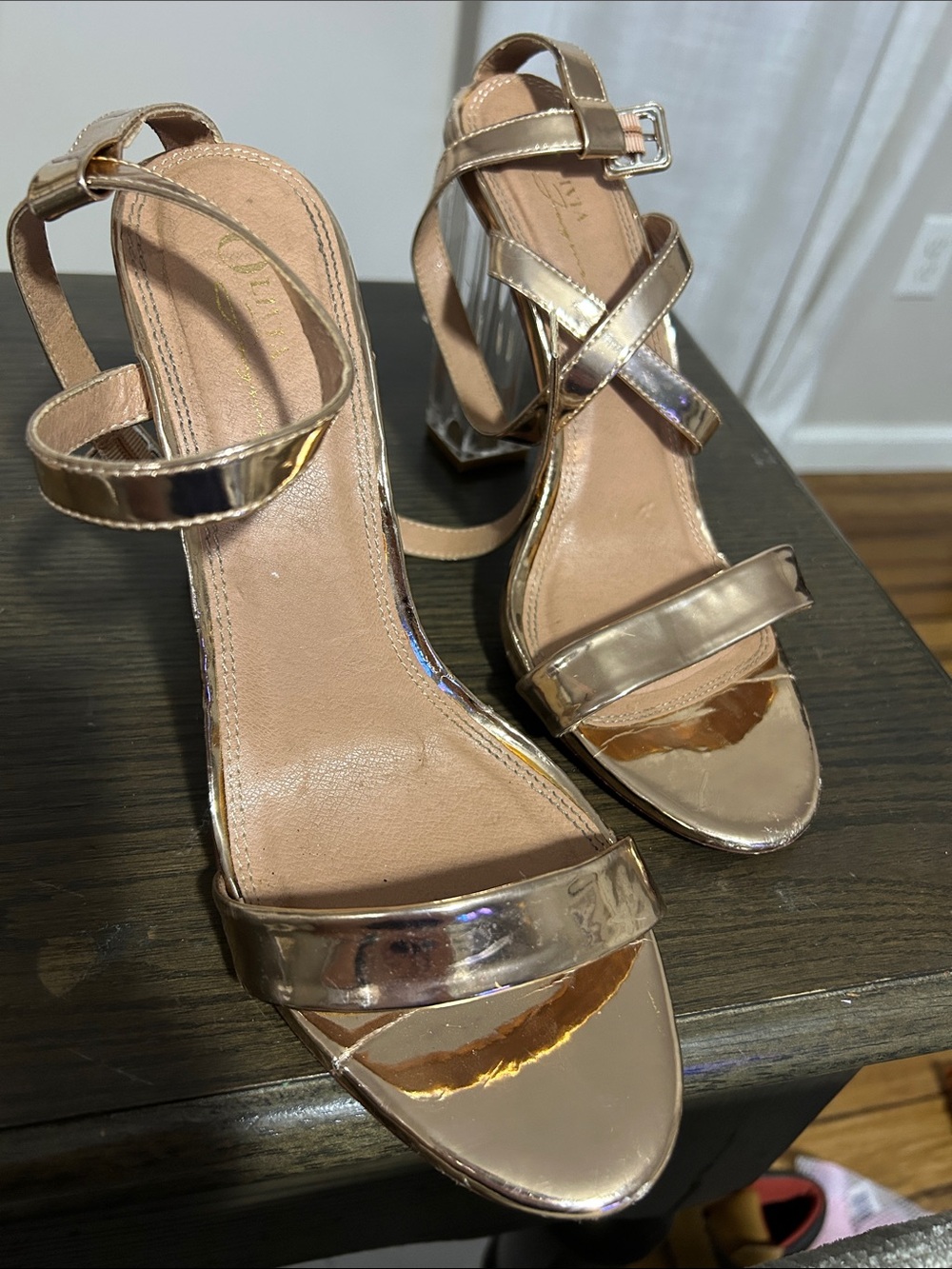 Metallic Rose Gold Block Heel Sandals with Ankle Strap